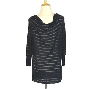 LANGUAGE Small Black Sheer Long Sleeve Boat Neck Tunic Sweater Open Knit